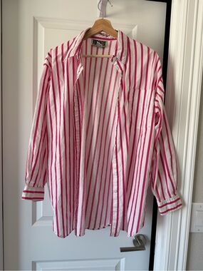 Vintage Forenza White Shirt with Pink Vertical Stripes Button-Down 100% Cotton
